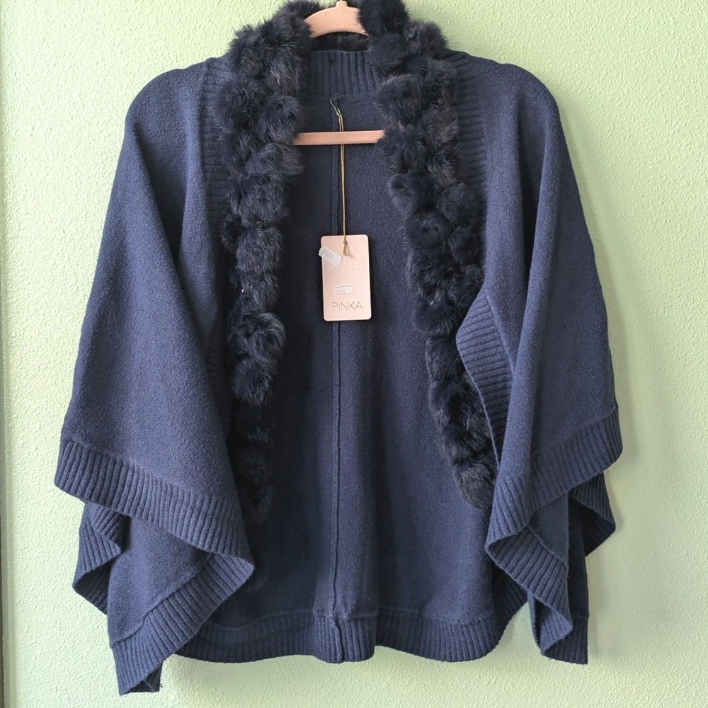 Pinka Navy Blue Faux Fur Trim Knit Cape Poncho Wrap Vintage Inspired NWT YS8426 - Picture 2 of 7